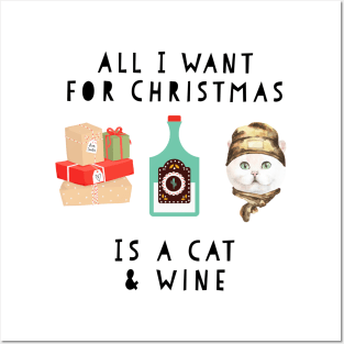 funny cat & wine christmas t shirt Posters and Art